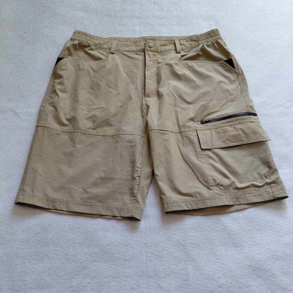Khaki Nylon Cargo Shorts Men Size 38 Beige Stretch Zip Pockets Hiking Travel VTG